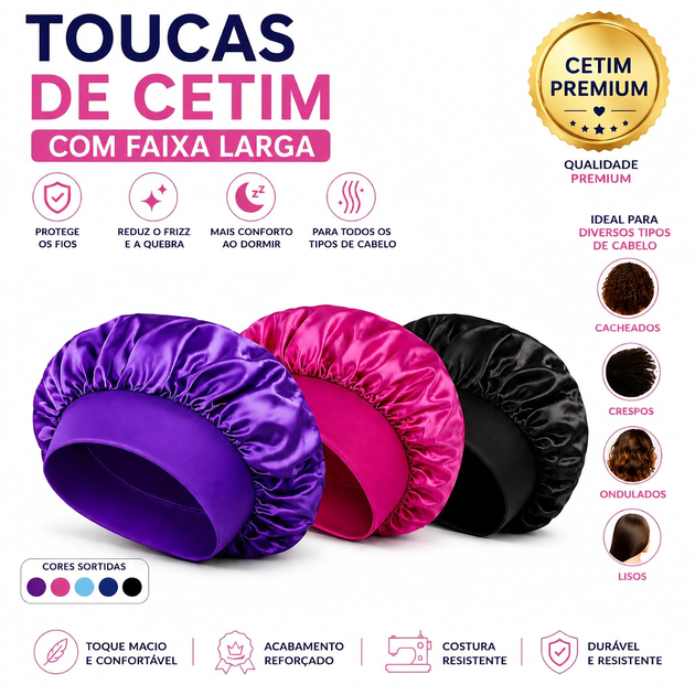 Kit 1/2/3 Touca de Cetim com Faixa Larga Proteção Noturna Cabelos Anti-Frizz 30 cm Cores Sortidas